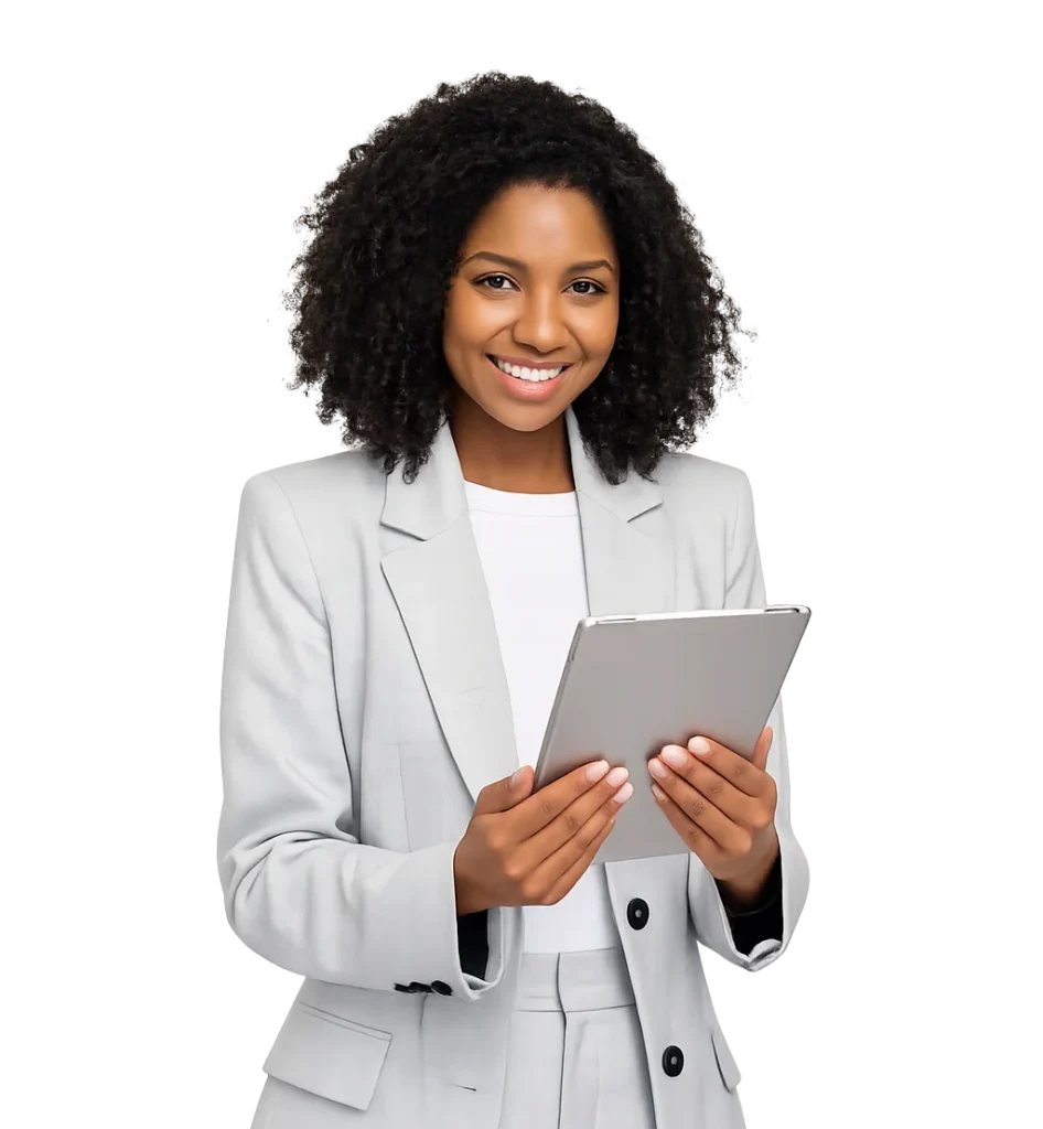 Woman holding a tablet with both hands and smilling